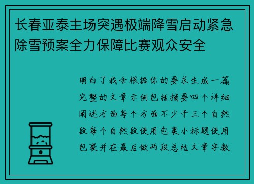 长春亚泰主场突遇极端降雪启动紧急除雪预案全力保障比赛观众安全 长春亚泰主场突遇极端降雪启动紧急除雪预案全力保障比赛观众安全